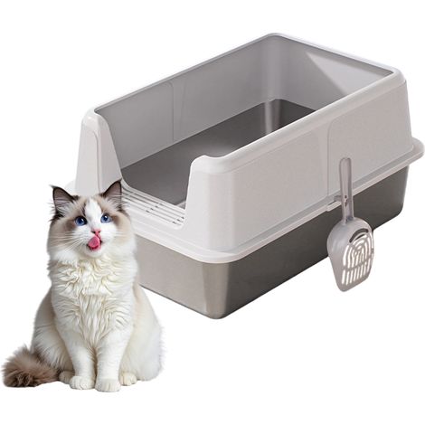 Edelstahl Katzentoilette mit Deckel – Extra hohe Seiten, geruchshemmend, rostfrei, antihaftbeschichtet, robust, auslaufsicher – Für große Katzen & Mehrkatzenhaushalt – 60×40×31,5cm, Grau (1/5)