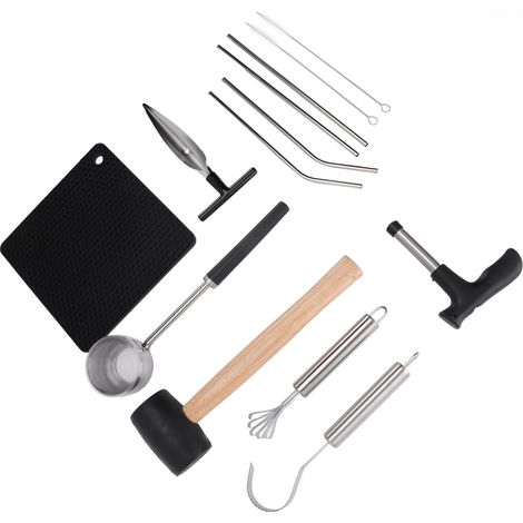 Kit ouverture noix de coco acier inoxydable perforeur coupe-coque maillet caoutchouc avec paille tapis (1/5)