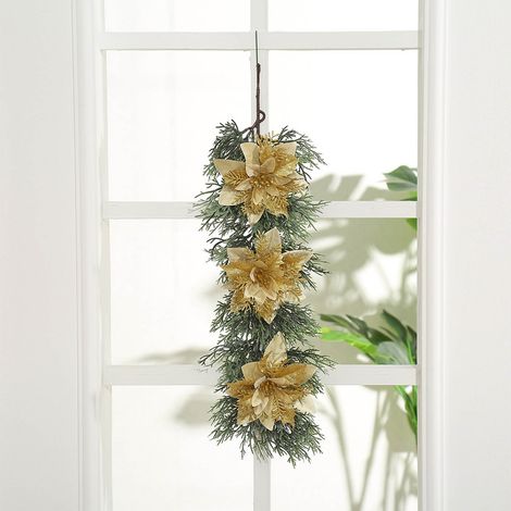 Corona decorativa de pared + guirnalda de ramas de abeto para puerta o ventana + 60 x 28 cm + Colores: Dorado, Blanco, Rojo, Oro rosa, Rojo coral, Amarillo dorado, Rojo cereza, Plateado (1/5)