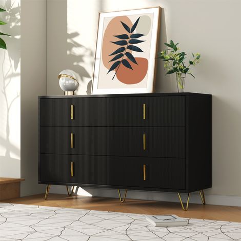 Cassettiera 120x40x77 cm con 6 cassetti, credenza, mobile da cucina, maniglie e gambe dorate, truciolare, nero (1/5)