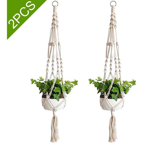 Lot de 2 supports pour pots en macramé, suspensions pour plantes, paniers suspendus, corde de jute tressée, artisanat (1/5)