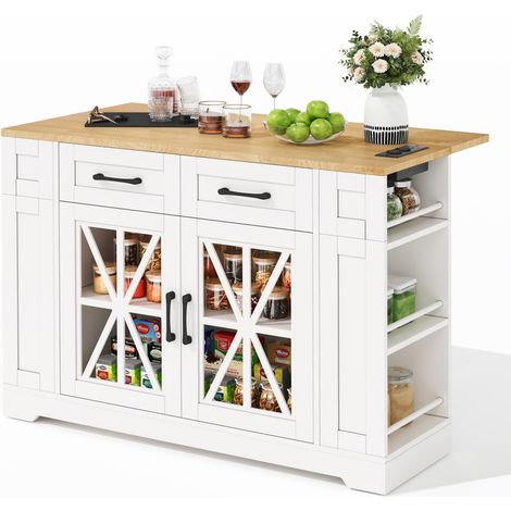 Desserte de cuisine roulante 120x65x92 cm, îlot avec table escamotable, prises intégrées et étagères - Blanc
