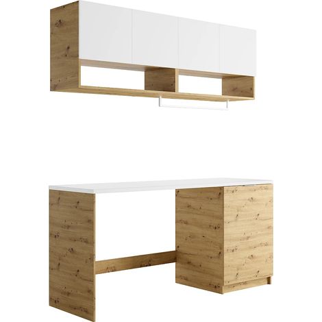 Meubles de buanderie pour machine à laver avec plan de travail - L182 cm - Blanc et naturel clair - NATAJI