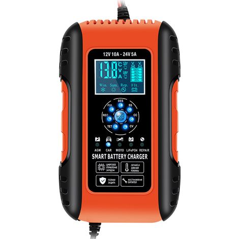 Mantenedor de batería de automóvil de 12 V 10 A/24 V 5 A, mantenedor de cargador de batería de litio y función de reparación automática portátil con pantalla LCD, para automóvil, motocicleta, camión, (1/5)