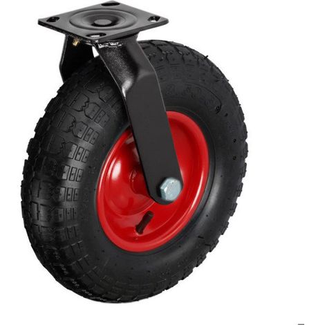 Roulette Pivotante Pneumatique 3.00-4 - Charge Max 120 Kg - Plaque de Fixation - Noir Rouge (1/5)
