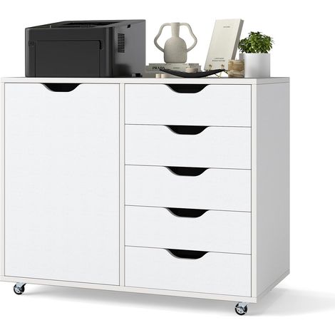 Armoire de classement Mobile à roulettes avec 5 tiroirs et Compartiment d'armoire, sous-Vasque, pour Bureau et Salon, 79 x 39 x 65 cm, Blanc (1/5)
