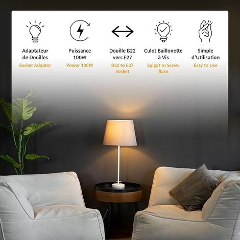 Adaptateurs de Douille B22 vers E27 - Convertisseur de Culot Baïonnette vers Gros Culot à Vis 100W - Utilisation d'Ampoules pour Anciens Luminaires (1/3)