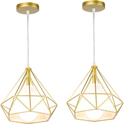 Lustre Suspension Vintage Rétro Industrielle Plafonnier Luminaire Cage Diamant en Métal E27 40W Doré 2PCS (1/5)