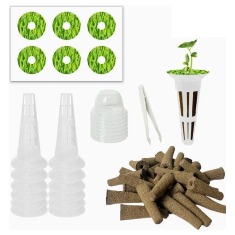 Komplettes 5-teiliges Hydrokultur-Anbaupaket-Set, inklusive Pflanzkorb, Schneidfasern, Aufklebern, Keimkappe und Pinzette für den Wasseranbau von Gemüse und Kräutern zu Hause (1/5)