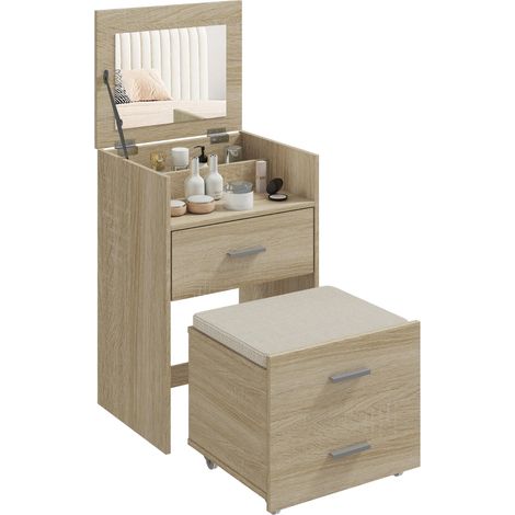Coiffeuse avec miroir rabattable, tiroirs et tabouret, en bois et tissu effet lin, couleur bois