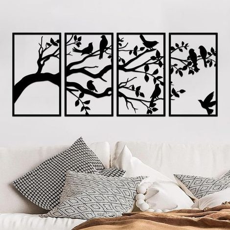 4 Stück Metall Vögel und Zweig Wanddeko, Wandkunst Metall Baum 4 Paneele, Schwarze Blätter mit Vögel Silhouette Hängende Wandskulptur für Zuhause Büro Wohnzimmer Schlafzimmer Garten Balkon (1/5)