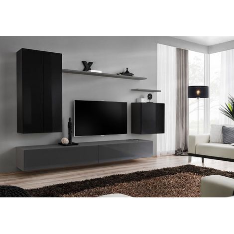 Ensemble mural - Switch XX - 1 vitrine LED - 1 banc TV - 1 étagère murale - Noir et graphite - Modèle 2 - Livraison gratuite