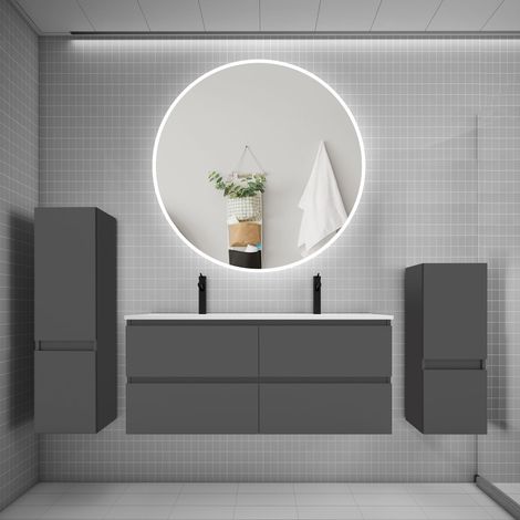 Ensemble meuble double vasque L.120cm 4 tiroirs + lavabo + LED miroir rond 120cm + 2colonne,anthracite (1/5)