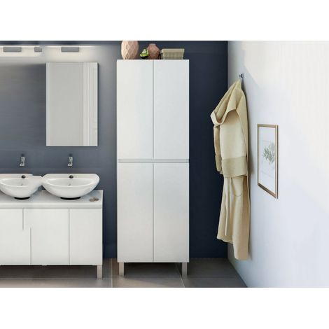 Dmora - Mobile colonna Fabian, Pensile bagno o cucina, Armadio alto multifunzione, Mobiletto multiuso, 60x35 h182 cm, Bianco lucido (1/5)