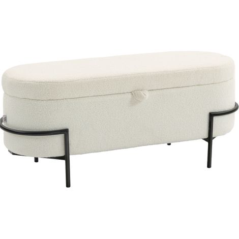 Banc coffre de rangement 69 L en tissu, assise rembourrée, couvercle à doubles charnières, pieds acier, blanc crème, pour chambre et entrée - CHICFURN (1/5)