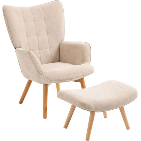 Fauteuil relax velours côtelé beige avec pouf, repose-pieds, dossier haut et accoudoirs