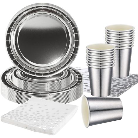 Vaisselle de fête en métal argenté - 69 assiettes en carton argenté - Assiettes en carton, gobelets en carton, serviettes et nappe - Décoration de table pour Noël (1/5)