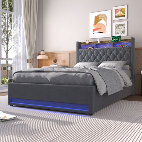 Cama 140x200 cm Tapizada Multifuncional con USB y LED, Amplia Estructura de Listones, Espacio bajo la Cama, Terciopelo Gris - Diseño Moderno (1/5)