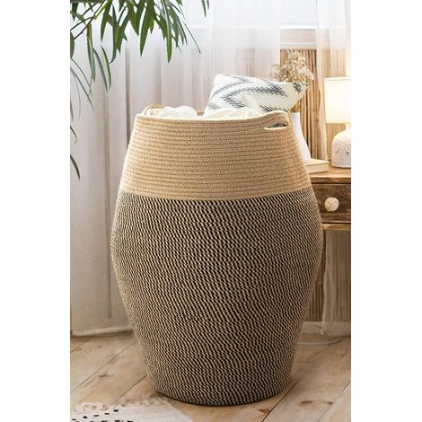 Panier à linge grand panier de rangement panier tressé pour ranger le linge dans la buanderie 65 cm de haut couleur noir et jute (1/5)