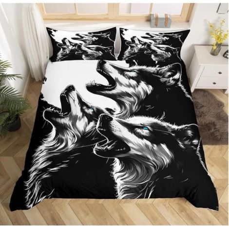 Housse de Couette Motif Loup Noir 3D Animaux Imprimé Parure de Lit en Microfibre Adulte Parure Housse Couette 90x190cm - DSP (1/3)