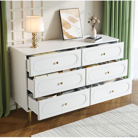 Buffet 6 tiroirs avec pieds en métal, 120 x 40 x 75 cm, blanc HAVRYA (1/5)