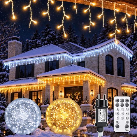 5m Guirlande Lumineuse LED Pluie 200 LED 11 Modes Blanc Chaud et Froid Variation Continue Sans Palier Étanche IP44 Rideau Lumineux Adaptateur 31V DC 3 Minuterie Mémoire Fonction avec Télécommande pour (1/5)