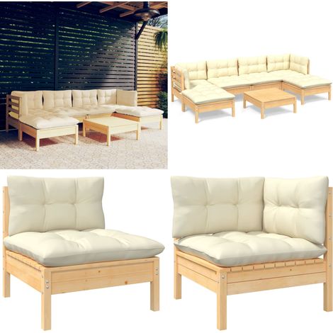 7-tlg. Garten-Lounge-Set mit Creme Kissen Kiefernholz - Gartensessel - Lounge Set - Gartenmöbel - Rattan Möbel - Kiefernholz - Home & Living (1/5)