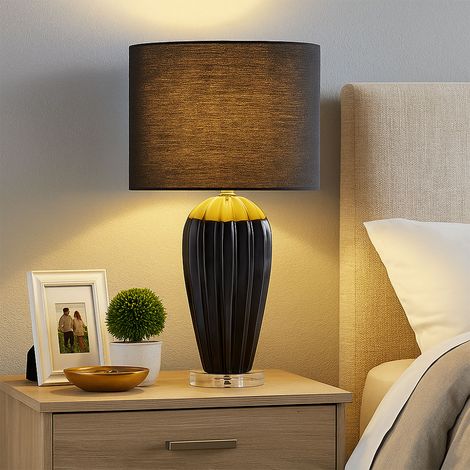 Tischleuchte Keramik Tischlampe Textilschirm schwarz Wohnzimmerleuchte Acryl transparent, Kabelschalter, LED 9W 810Lm warmweiß, DxH 33x59 cm