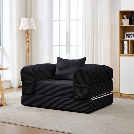 Fauteuil Convertible 1 Place - 120x85x65cm - avec Coussin Supplémentaire - Tissu Corduroy Noir (1/5)