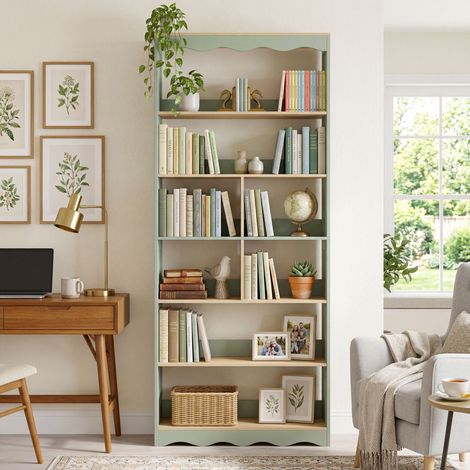 Bibliothèque, meuble de rangement à 6 niveaux avec 6 compartiments ouverts, 76 x 23,8 x 180 cm, bois naturel et vert (1/5)