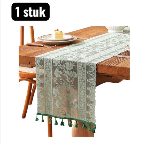 Chemin de table en dentelle avec pompons 30 x 260 cm pour table à manger ou table basse décoration élégante couleur verte (1/5)