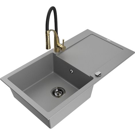 Mexen Leo fregadero de granito de 1 cubeta con escurridor y grifo de cocina Aster, gris - 6501-71-73450-57-B (1/5)