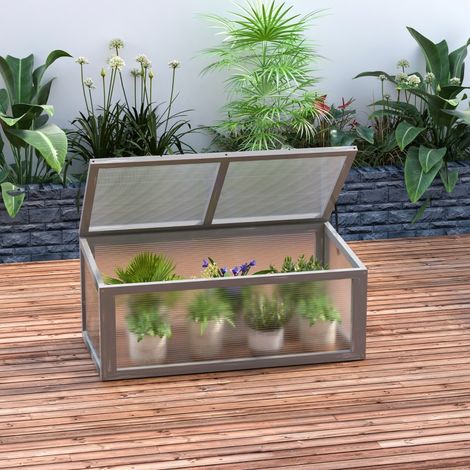 Serre châssis froid bois et polycarbonate 90 x 46 x 40 cm résistant intempéries avec bâche pour plates-bandes – gris (1/4)