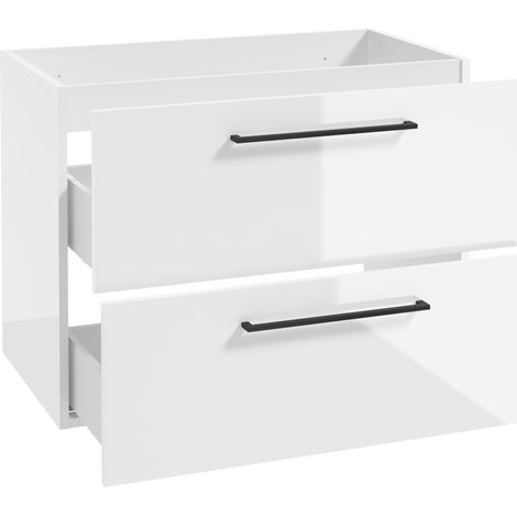 Waschtischunterschrank mit Metallgriffen in schwarz, 80 cm breit mit 2 Schubkästen, in weiß Hochglanz lackiert MESSINA-107, B/H/T: ca. 80/60/40 cm (1/4)
