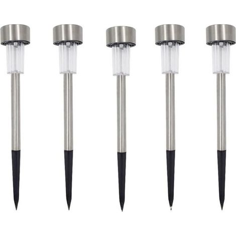 5 bornes solaires LED, lumière blanche, piquets 12 cm, pour allées et jardins (1/5)