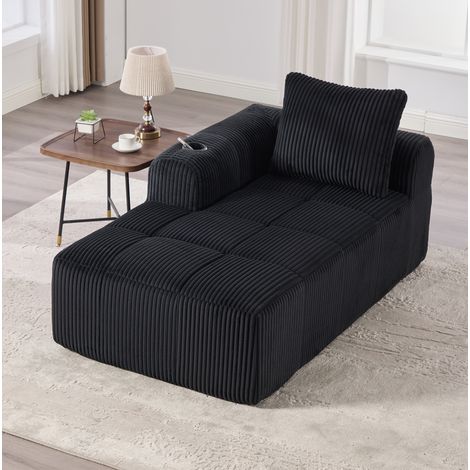 Méridienne en velours côtelé noir 158 x 93 x 61 cm avec porte-gobelet et poche latérale (1/5)