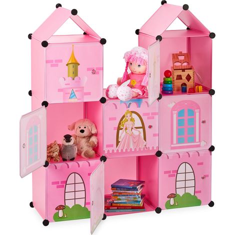 Relaxdays Modular Kids’ Shelving Unit, Princess Castle, Plastic, DIY Cabinet with Doors, HWD: 128 x 110 x 37 cm, Pink