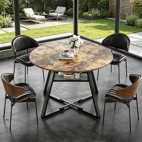 Table de Salle à Manger Ronde 120 cm Style Industriel Vintage, Table à Manger avec Plateau Effet Bois et Structure en Métal Noir, Table Ronde avec Étagère de Rangement. (1/5)