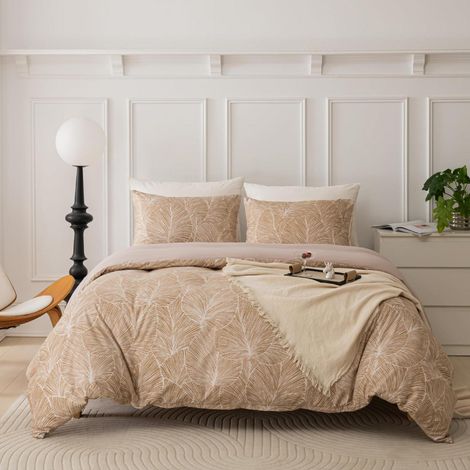 Ensemble de literie 155x220 cm 3 pièces microfibre motif feuilles, beige