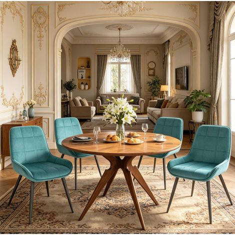 MEUBLIV Set di 4 sedie da pranzo turchesi in velluto e metallo, schienale alto (1/5)