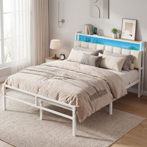 Lit Double en Métal 140 x 190 cm, Tête de Lit Rembourrée avec Rangement, LED et Prise USB, Chambre, Blanc et Jaune (1/4)
