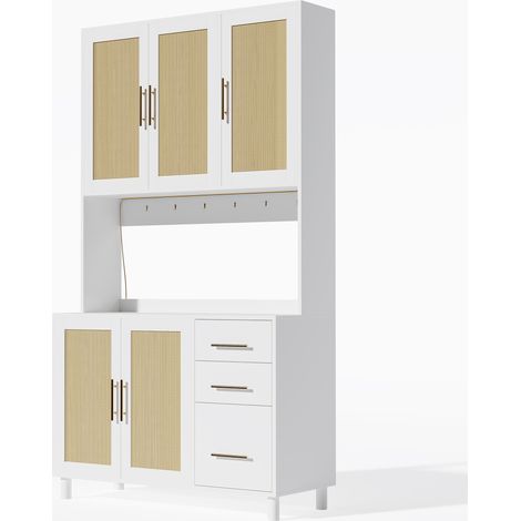 Buffet en rotin tressé avec éclairage LED contrôlé par application, 3 tiroirs, prises USB et 2 prises électriques, 183 cm, poignées métalliques dorées (1/5)
