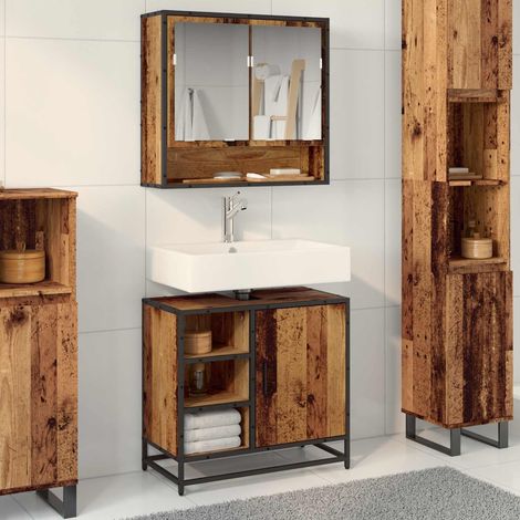 Meuble de salle de bain 1 porte en bois d’ingénierie, bois ancien, 65 x 33 x 60 cm - PANGIVO (1/5)