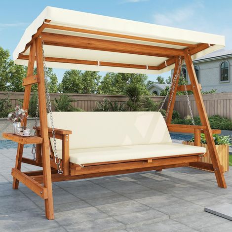 Dondolo da giardino 3 posti 210x160x192 cm con tettuccio e ripiani, struttura in legno di larice, colore naturale (1/5)