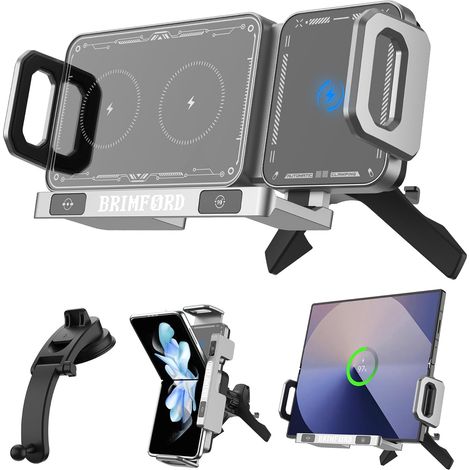 Support téléphone voiture pour Samsung Galaxy Z Fold 7/6/5/4/3/2/Z Flip S25,chargeur voiture à induction Qi rapide à double bobine,chargeur sans fil à rotation automatique compatible avec iPhone 17/16 (1/5)
