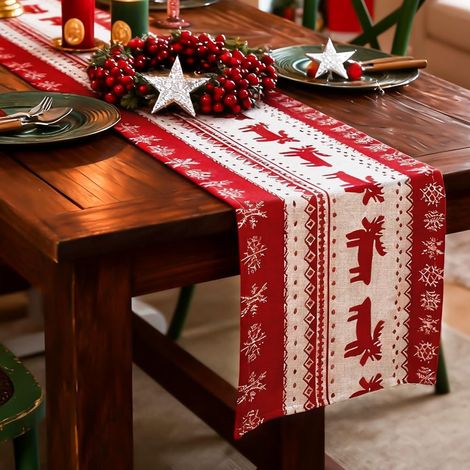 Weihnachtstischläufer 180 x 35 cm, Weihnachtstischdecke, lange Weihnachtstischdecke, Weihnachtsdekoration, waschbare Tischdecke für Weihnachtstischdekorationen (1/5)