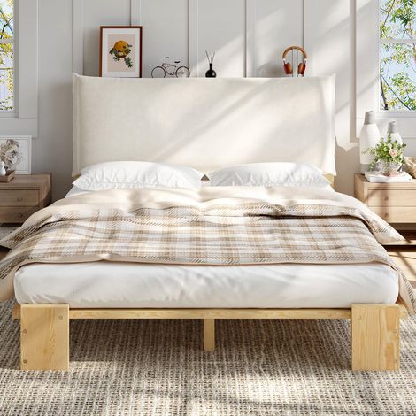Lit capitonné, lit simple, lit enfant, tête de lit rembourrée avec fermeture Velcro, sommier à lattes robuste, pieds de lit plus larges, pin + mousse + contreplaqué, naturel, 140x200cm, garantie 2 ans (1/5)