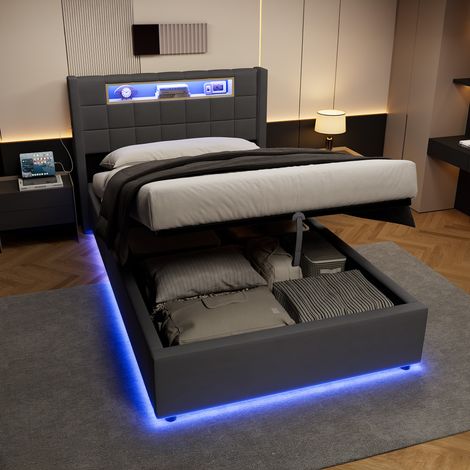 Lit 90/200 cm gris con canapé hidráulico, LED y carga USB-C (1/5)