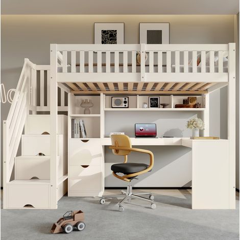 Cama alta infantil 90 x 200 cm con escalera-armario y escritorio en esquina, blanca HAVRYA (1/5)