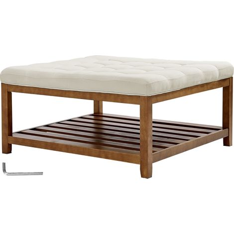 Mophorn Mesa de Centro Otomana, 875 x 875 x 445 mm, Mesa de Café Cuadrada con Estante de Madera Maciza y Reposapiés Tapizado en Lino para Sala de Estar, Soporta hasta 181,44 kg, Color Blanco Crema